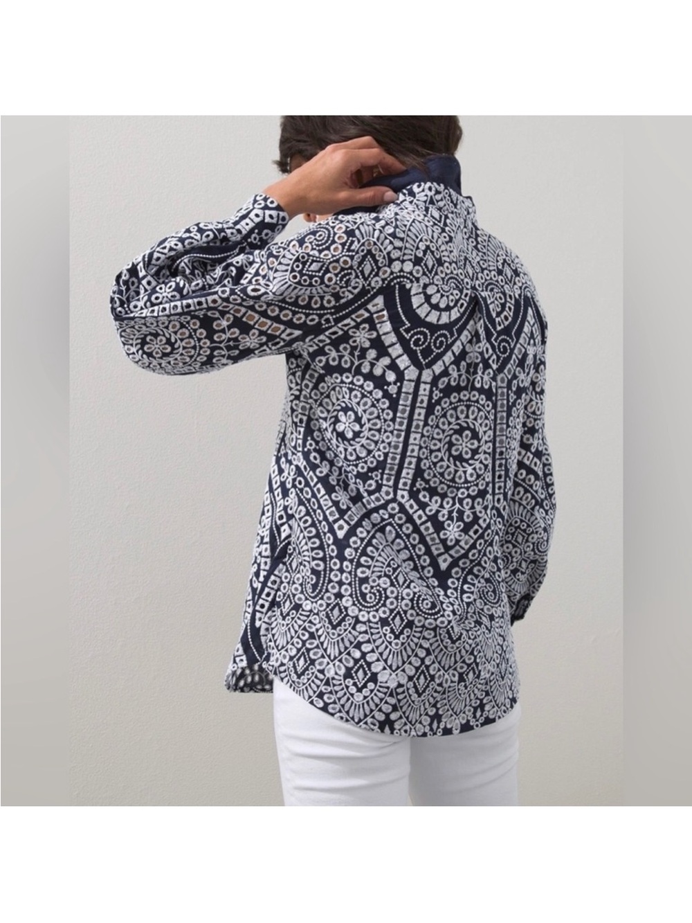 Chico's Navy and White Eyelet-Print Billowy Button Shirt - Picture 2 of 12